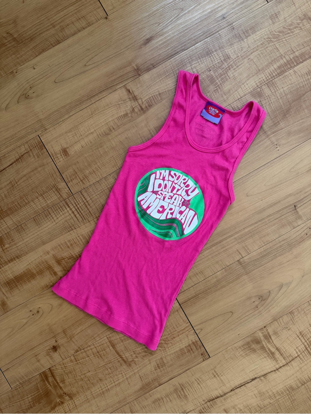 Charlie & The Chocolate Factory Pink Ribbed Tank “I Don’t Speak American” Print